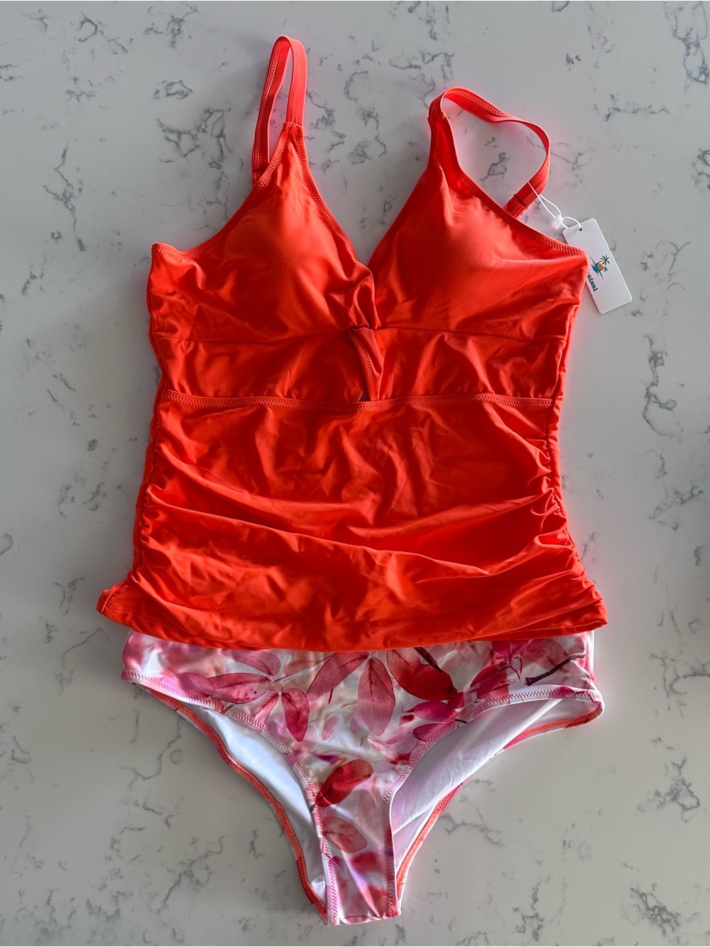 Women's Coral Tankini Swim Top and Floral Bikini Bottom
